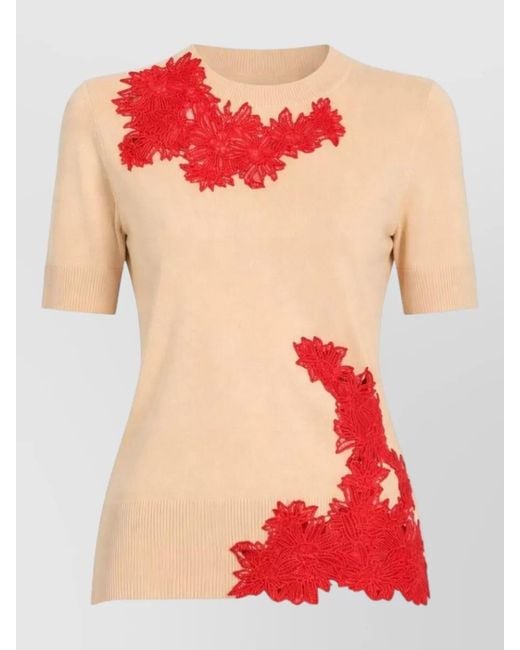 Ermanno Scervino Red Knit Top Floral Appliqué Round Neck