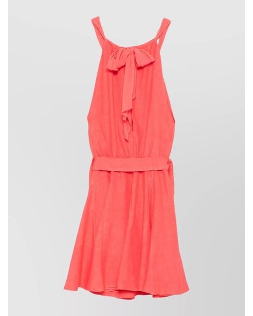 120% Lino Red Linen Dress Belted Waist Bow Detail