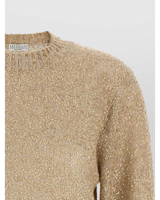 Brunello Cucinelli Natural Sequined Ribbed Long-Sleeve Sweater