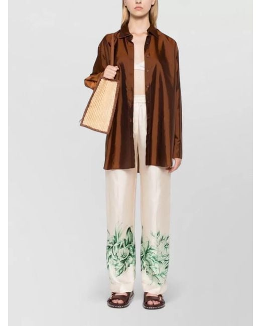 F.R.S For Restless Sleepers White Silk Palazzo Trousers Floral Print Stripe