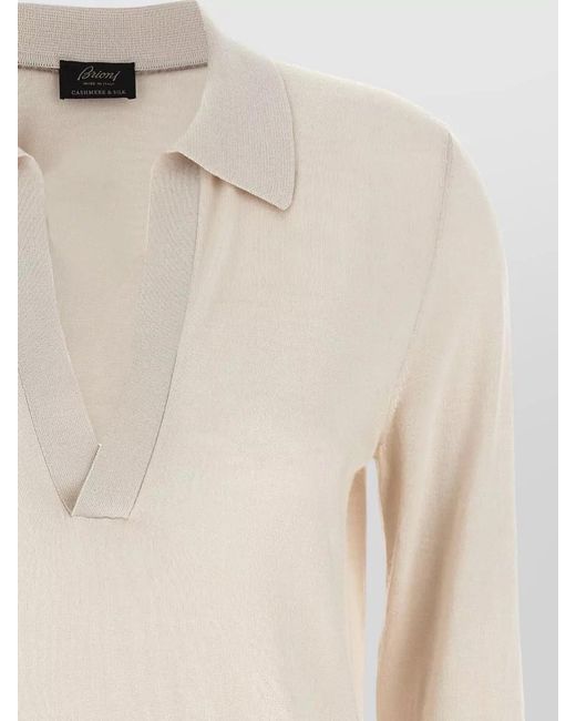 Brioni Natural Cashmere Silk Long-Sleeve V-Neck Polo Shirt