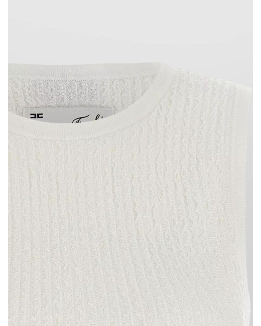 Elisabetta Franchi White Ribbed Sleeveless Cropped Knit Top