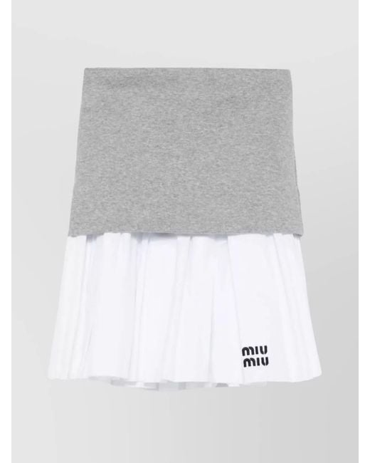 Miu Miu Gray Pleated Jersey And Poplin Skirt