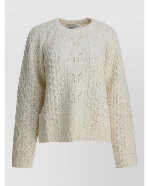 Sandbeige White Cable Knit Crew Neck Long Sleeve Sweater