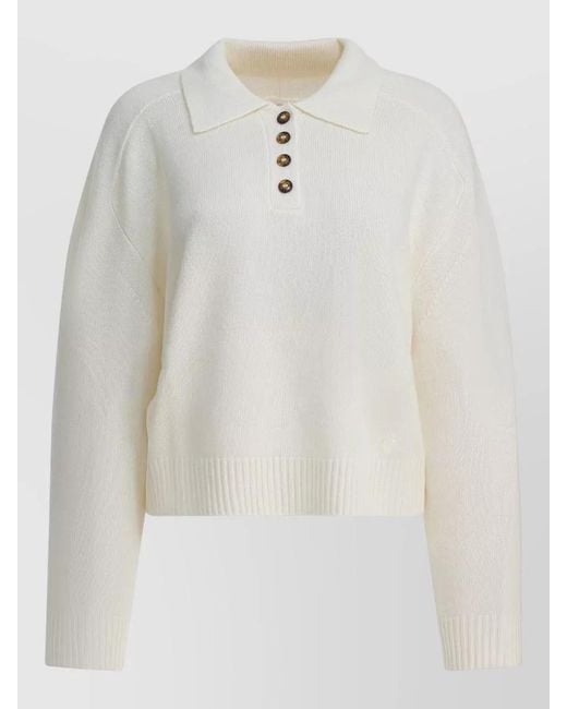 Loulou de Saison White Knit Top Long Sleeves Ribbed Cuffs Hem