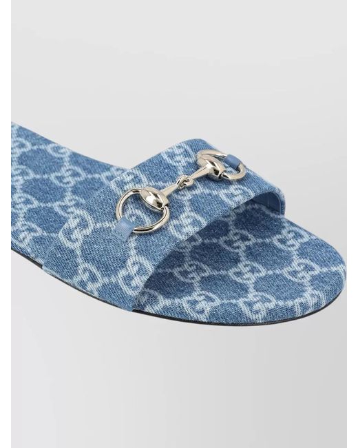 Gucci Blue Flat Sandals Open Toe Patterned Fabric Hardware