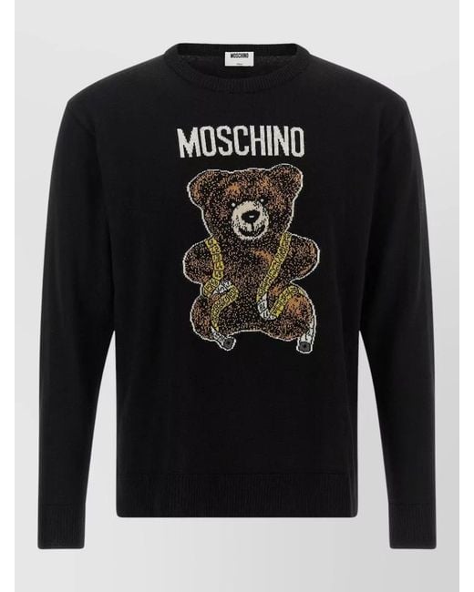 Moschino Black Bear Motif Crew Neck Knit Top for men