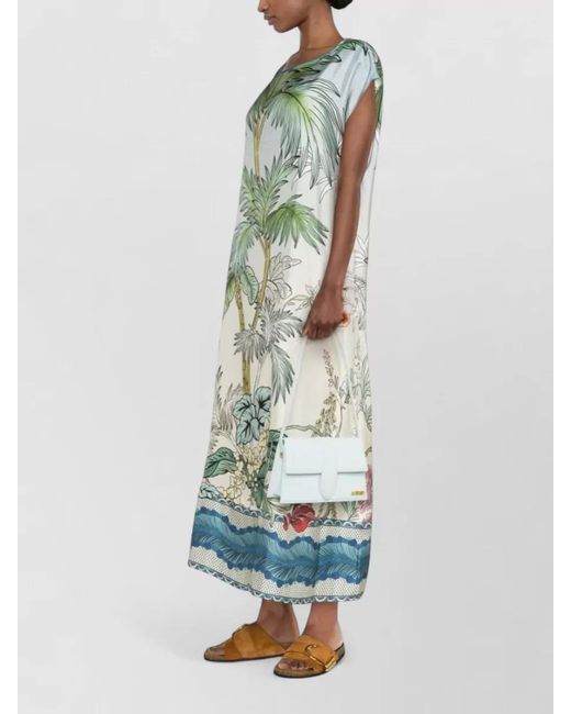 F.R.S For Restless Sleepers Green Silk Kaftan Dress Tropical Japanese Branch