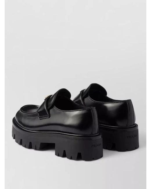 Prada Black Brushed Leather Loafers Rubber Sole Logo