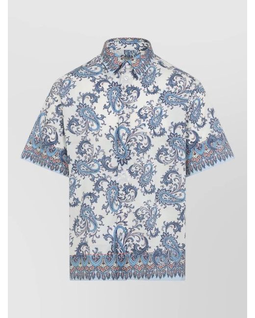 Etro Blue Cotton Short-Sleeve Floral Paisley Shirt for men