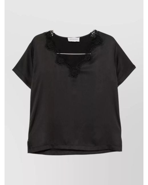 ERMANNO FIRENZE Black Satin Loungewear Top Short Sleeve Belt