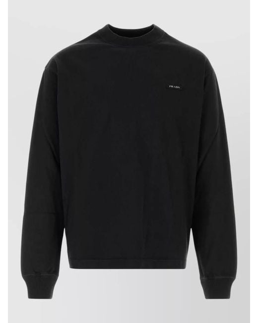 Prada Black Cotton Sweatshirt Crew Neck Long Sleeves Regular Fit for men