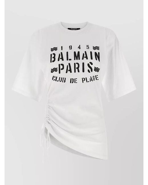 Balmain White Club Graphic T Shirt Asymmetric Hem Drawstring