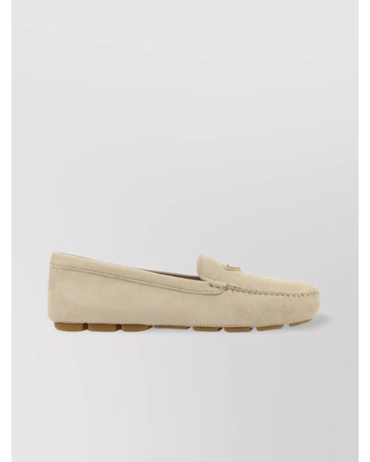 Prada Natural Suede Loafers With Round Toe And Rubber Sole