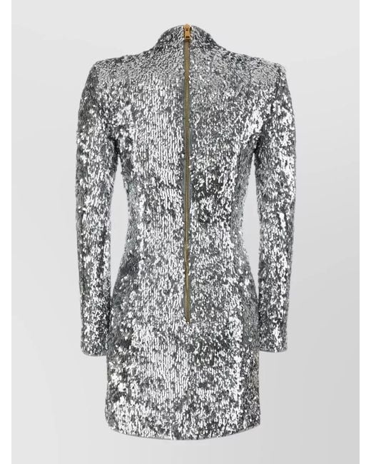 Balmain Gray High Neck Sequin Mini Dress Long Sleeves