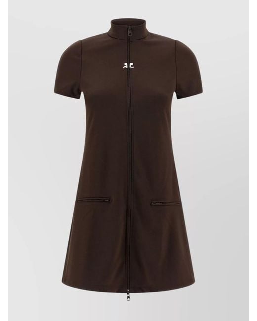 Courreges Brown Polyester Mockneck Zip Mini Dress