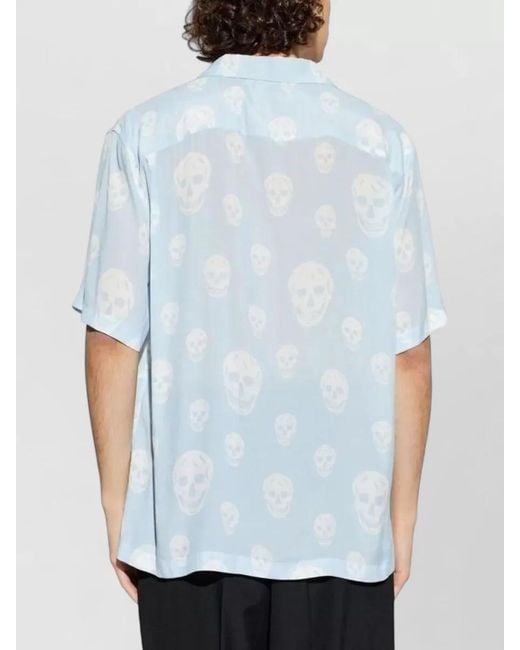 McQueen Blue Skull Camp Collar Lightweight Short Sleeve Shirt for men