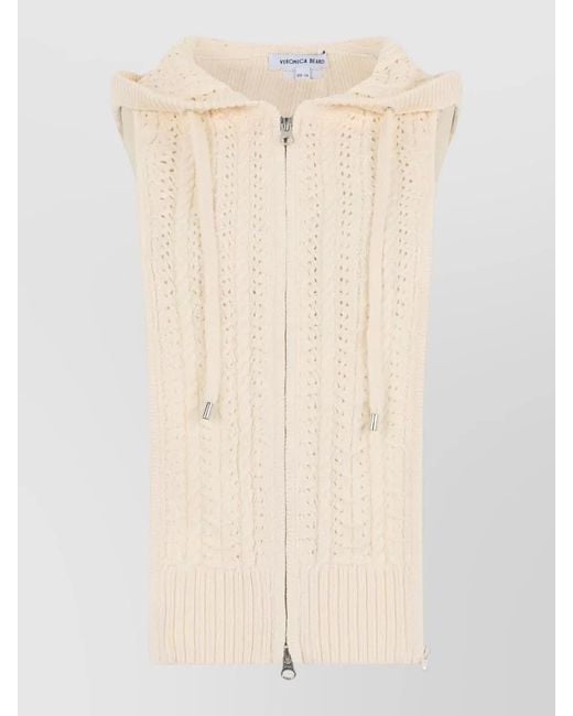 Veronica Beard Natural Hooded Sleeveless Knit Cardigan Vest