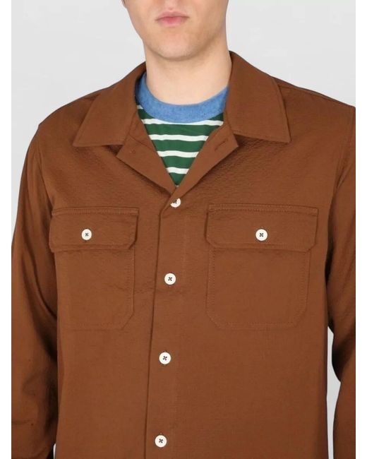 Howlin' By Morrison Brown Cotton Shirt Bowling Neck Chest Pockets for men