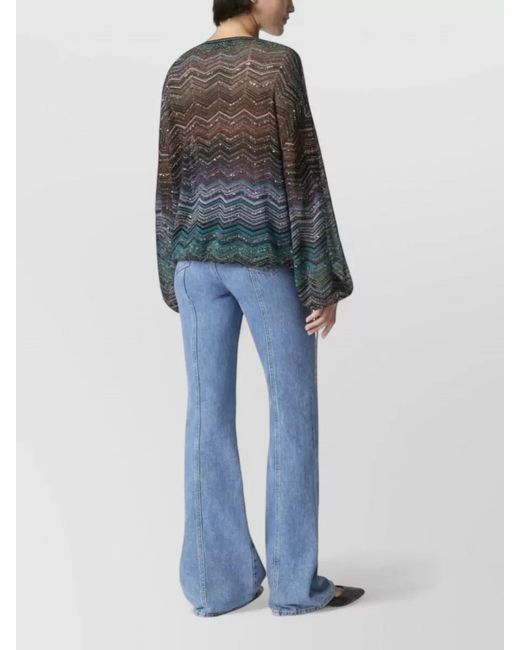 Missoni Blue V Neck Knit Blouse Long Sleeves Chevron