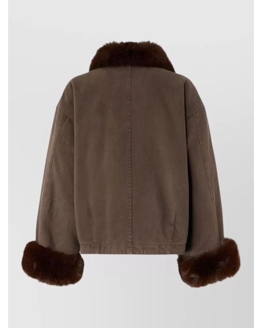 Pinko Brown Nylon Silk Blend Coat Faux Fur Drawstring