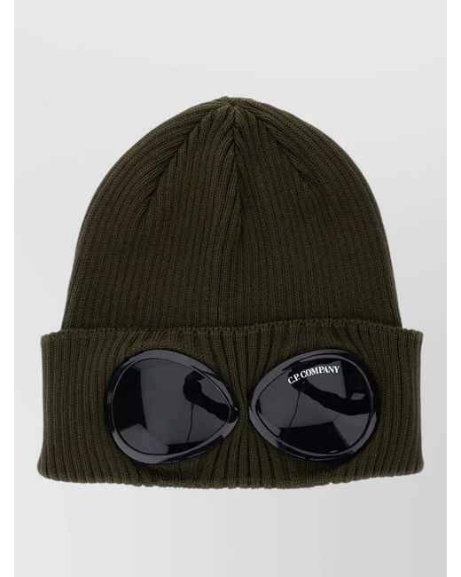 C P Company Green Ribbed Cotton Goggle Beanie for men