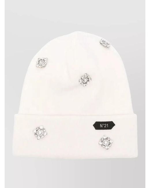 N°21 Natural Embellished Knit Hat Turn Up Brim