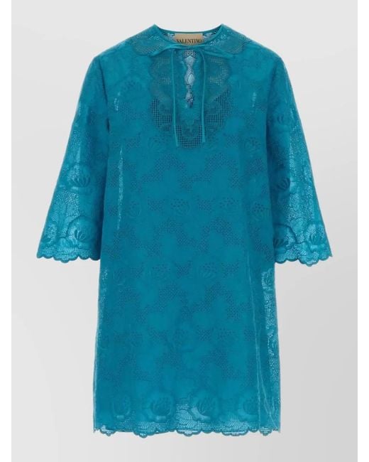 Valentino Garavani Blue Broderie Anglaise Dress 3 4 Sleeves Floral