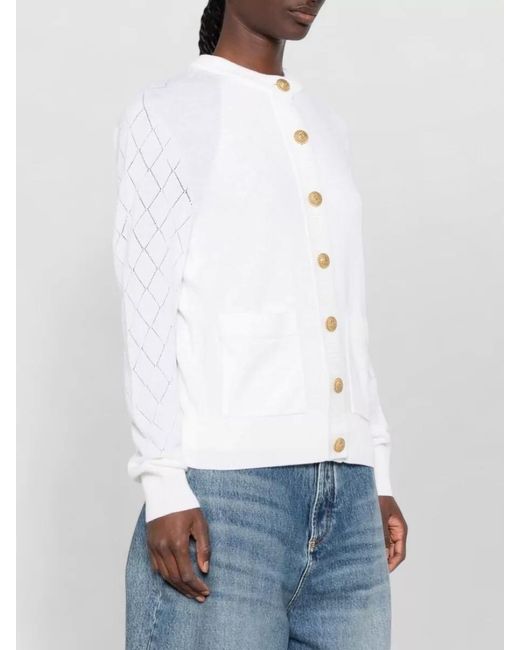 Balmain White Wool Cardigan Diamond Sleeves Front Pockets