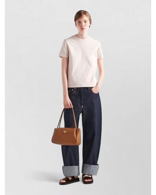 Prada Natural Short Sleeve Regular Fit Round Neck Top