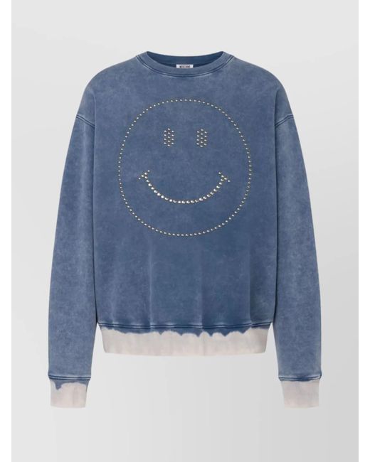 Moschino Blue Crewneck Sweater With Studded Smiley Face for men