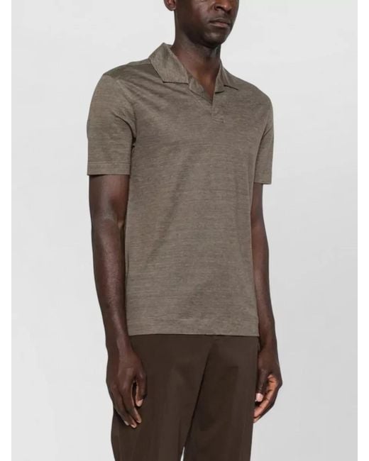 Zegna Gray Linen Polo Shirt Short Sleeves V Neck for men
