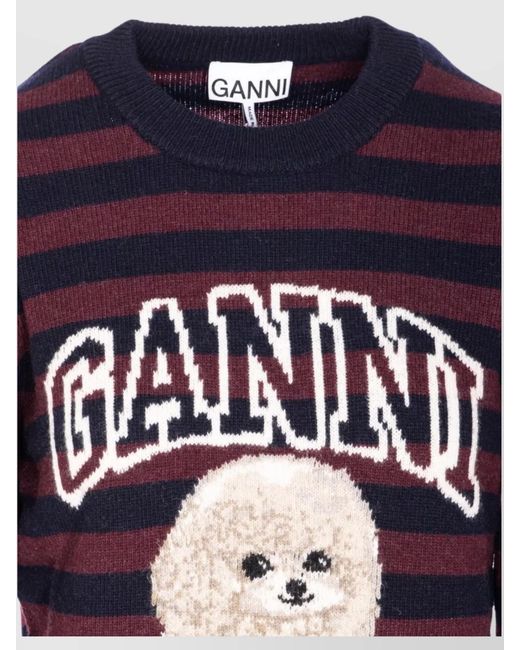 Ganni Blue Wool Blend Striped Crew Neck Jumper