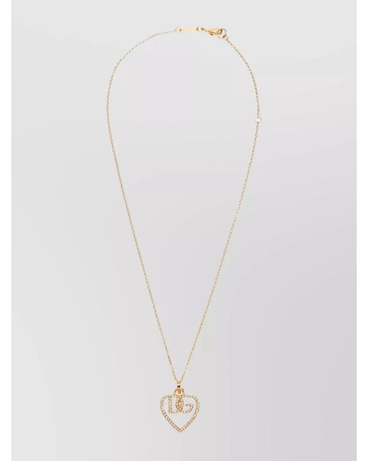 Dolce & Gabbana White Crystal-Embellished Heart Logo Pendant Necklace