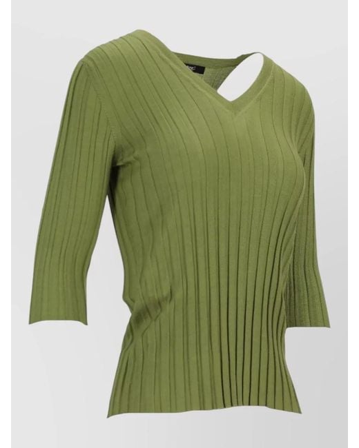 LA ROSE Green V Neck Cashmere Silk Knitwear Top