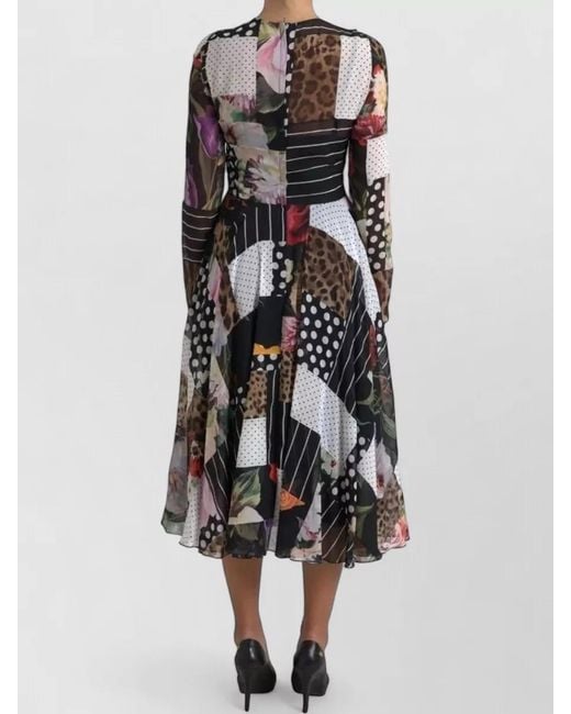 Dolce & Gabbana White Silk Patchwork Floral Polka Dot Leopard-Print Midi Dress