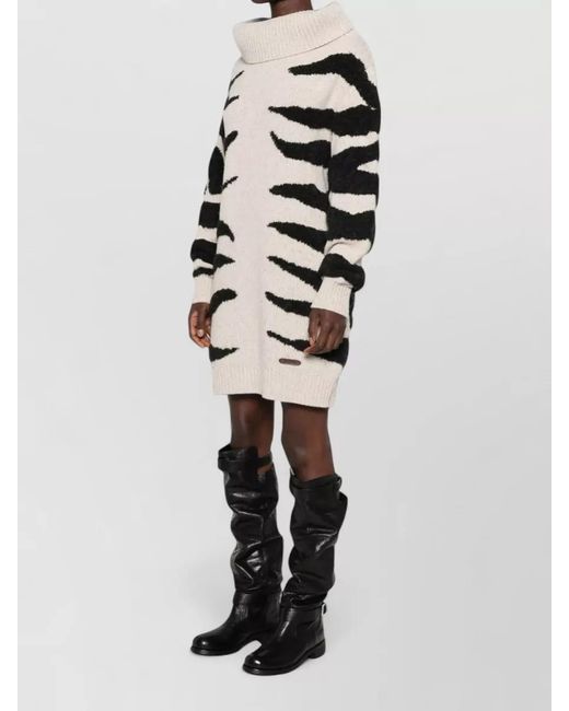 Moschino Natural Animal Print Knitted Dress Long Sleeves Turtleneck