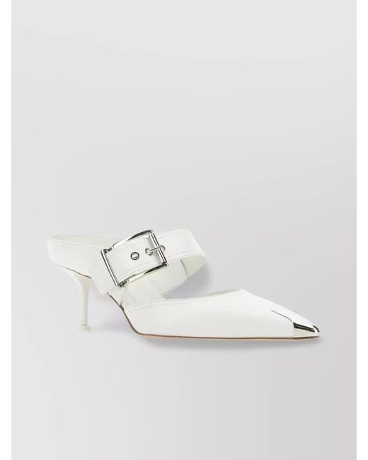 McQueen White Leather Stiletto Mules