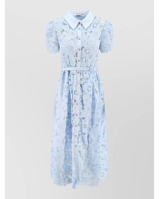 Self-Portrait Blue Knee Length Dress Short Sleeves Lace Belt