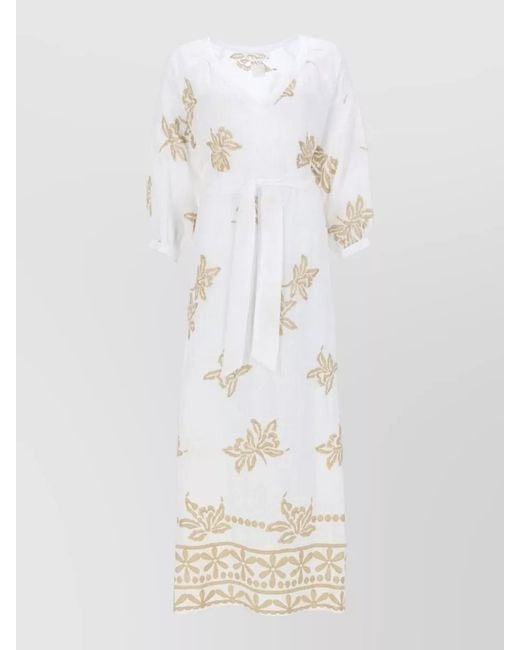 120% Lino White Beach Dress Belted Waist Embroidered Design