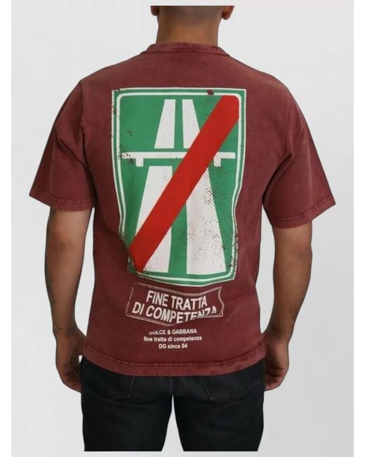 Dolce & Gabbana Red Cotton Printed Crew Neck Short Sleeve T-Shirt for men