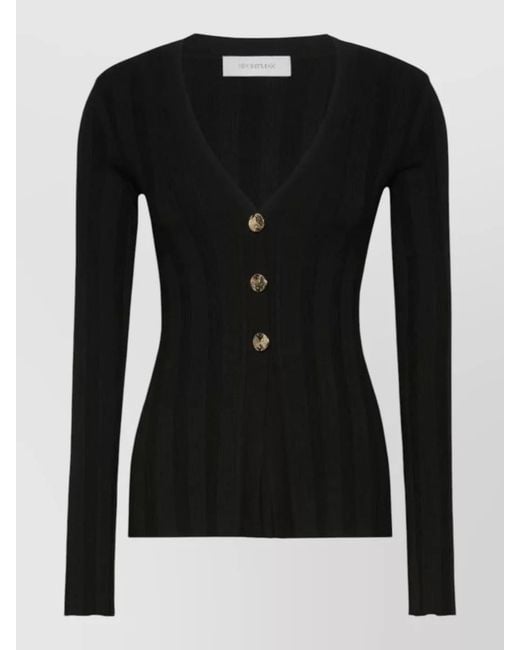 Sportmax Black V Neck Ribbed Long Sleeve Fitted Top