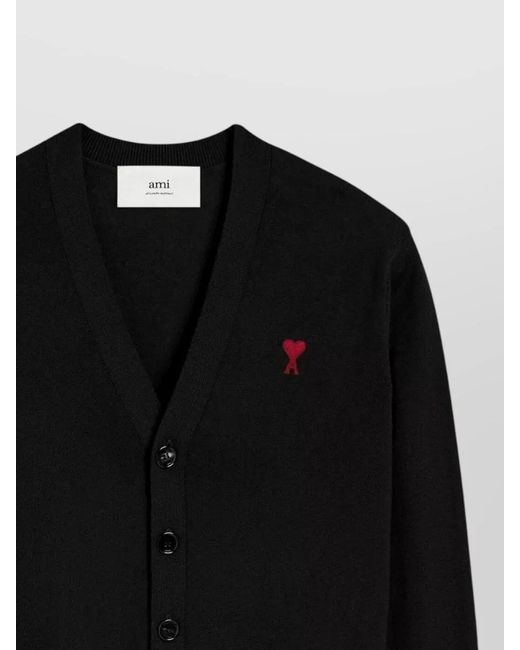 AMI Black Merino Wool Ribbed V-Neck Cardigan