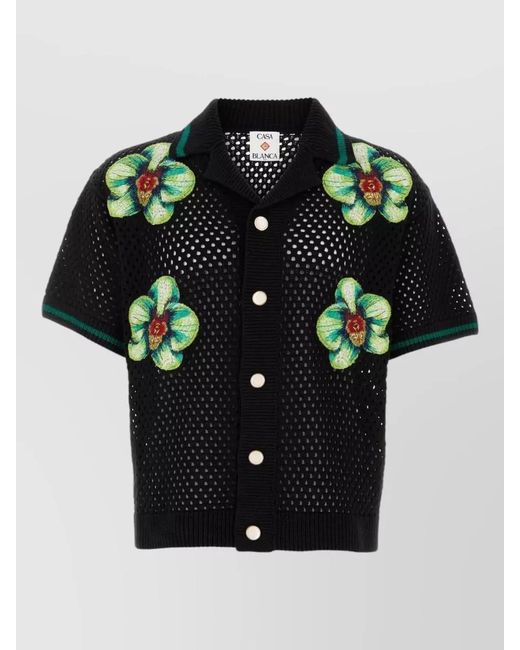 Casablanca Black Crochet Shirt Mesh Knit Floral Appliqué for men