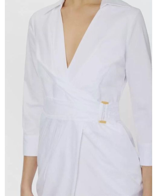 Elisabetta Franchi White Stretch Cotton High Neck Wrap Knee-Length Dress