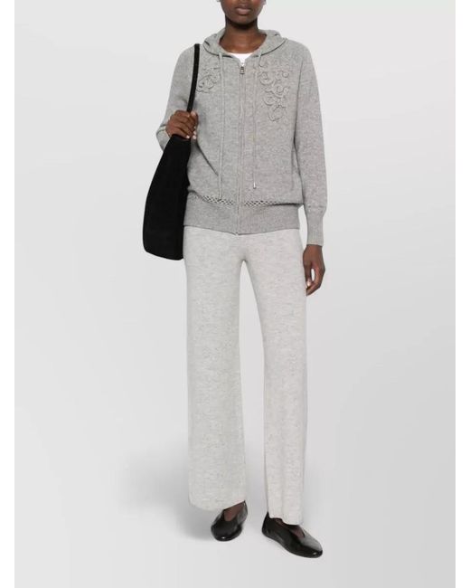 ERMANNO FIRENZE Gray Cashmere-Blend Floral-Embroidered Pointelle-Knit Hoodie