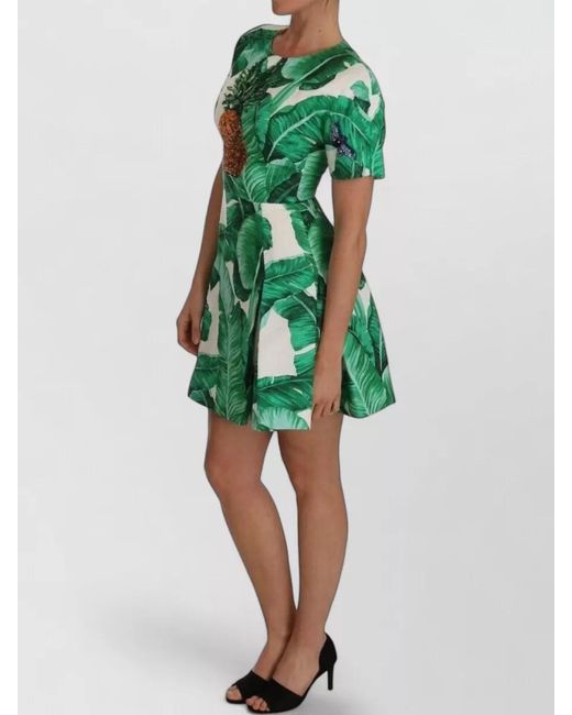 Dolce & Gabbana Green Cotton Silk Banana Leaf Print Mini Dress