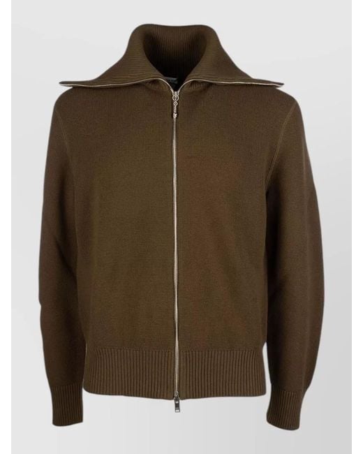 Bottega Veneta Brown Knit Jacket Ribbed Collar Cuffs Hem for men