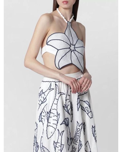 Farm Rio White Halter Neck Cut Out Floral Embroidered Dress
