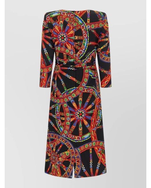 Dolce & Gabbana Red Carretto Dress Floral Geometric Long Sleeve Belt